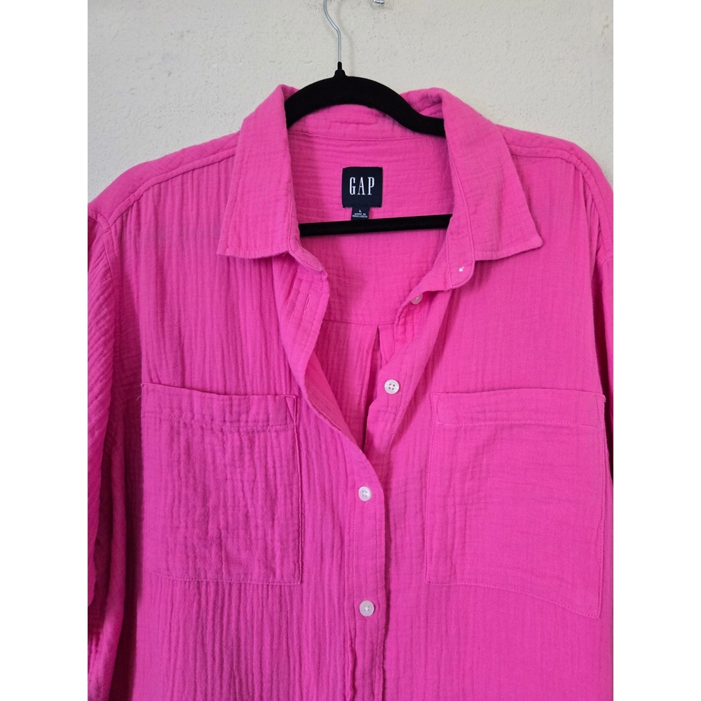 Gap Womens Hot Pink Cotton Double Gauze Button Down Top Large Oversized Crinkle - Picture 5 of 9